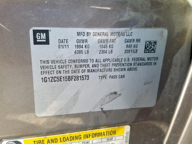 1G1ZC5E15BF281573 - 2011 CHEVROLET MALIBU 1LT GRAY photo 10