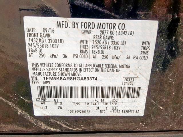 1FM5K8AR8HGA89374 - 2017 FORD EXPLORER P BLACK photo 10