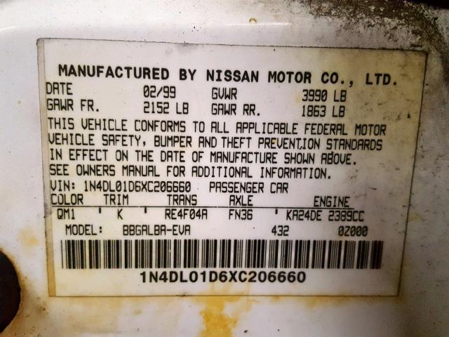 1N4DL01D6XC206660 - 1999 NISSAN ALTIMA XE WHITE photo 10