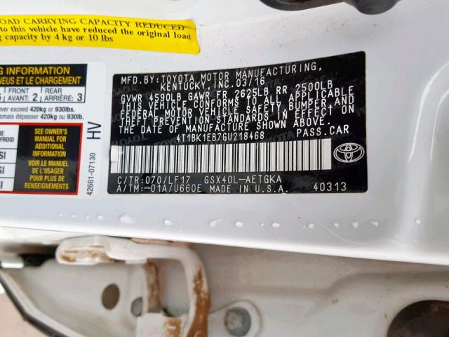4T1BK1EB7GU218468 - 2016 TOYOTA AVALON XLE WHITE photo 10