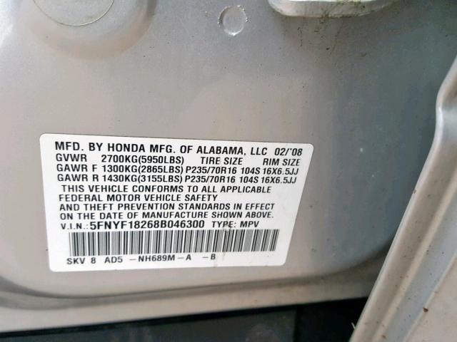 5FNYF18268B046300 - 2008 HONDA PILOT VP SILVER photo 10