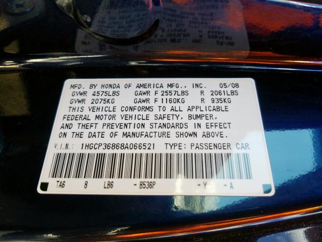 1HGCP36868A066521 - 2008 HONDA ACCORD EXL  photo 10