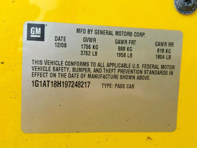 1G1AT18H197248217 - 2009 CHEVROLET COBALT LT YELLOW photo 10