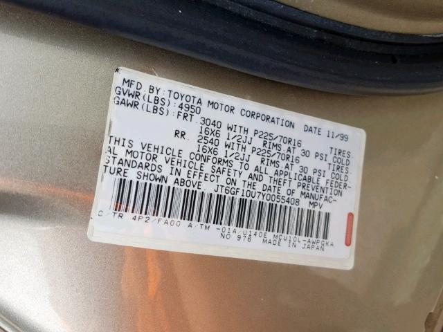 JT6GF10U7Y0055408 - 2000 LEXUS RX 300 TAN photo 10