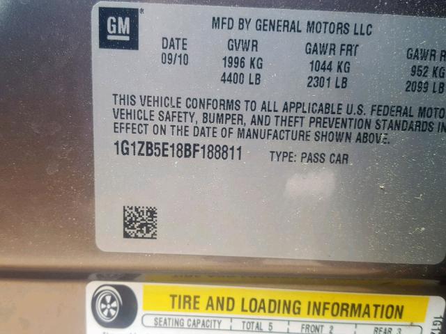 1G1ZB5E18BF188811 - 2011 CHEVROLET MALIBU LS CHARCOAL photo 10