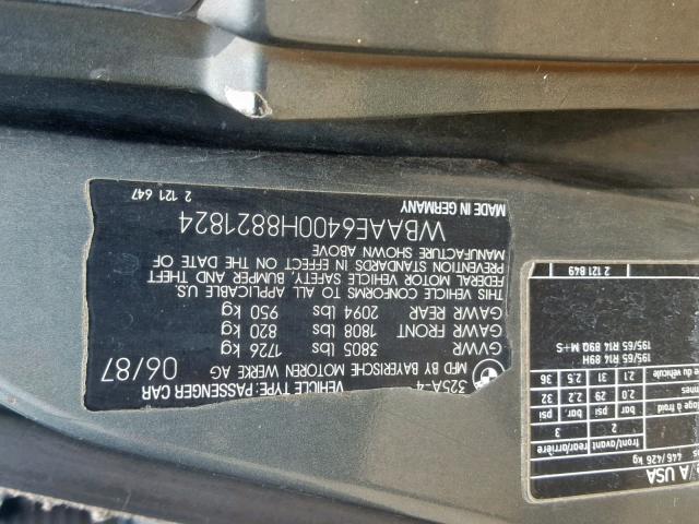 WBAAE6400H8821824 - 1987 BMW 325 E AUTO GRAY photo 10