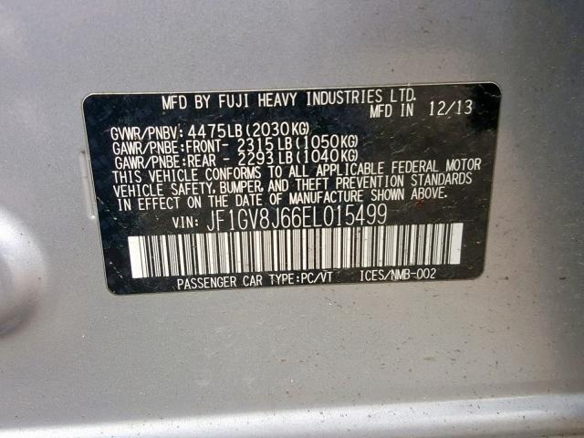 JF1GV8J66EL015499 - 2014 SUBARU IMPREZA WR SILVER photo 10