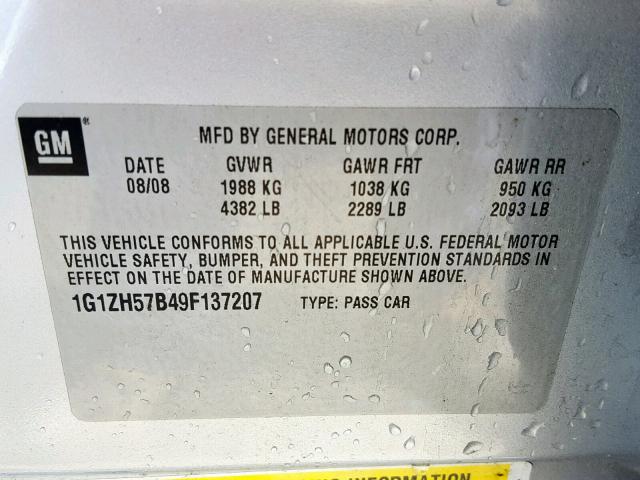 1G1ZH57B49F137207 - 2009 CHEVROLET MALIBU 1LT 银色 照片 10