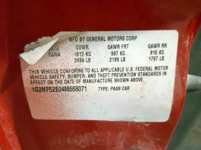 1G2NF52E04M668071 - 2004 PONTIAC GRAND AM S RED photo 10