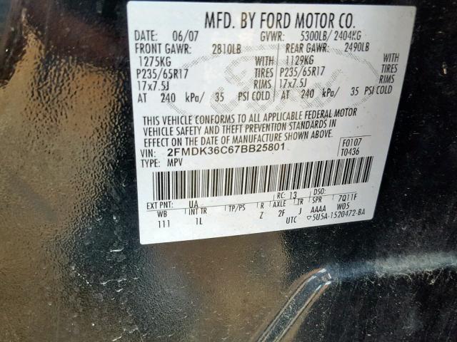 2FMDK36C67BB25801 - 2007 FORD EDGE SE BLACK photo 10