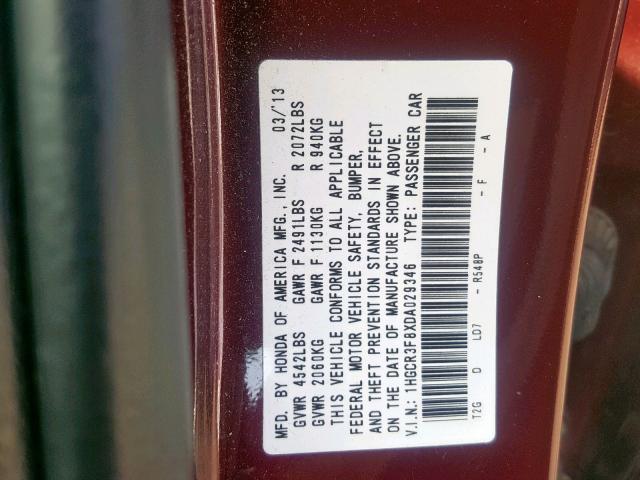 1HGCR3F8XDA029346 - 2013 HONDA ACCORD EXL MAROON photo 10