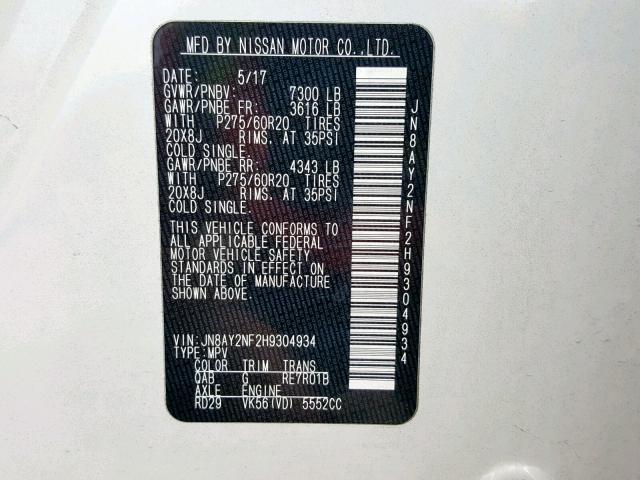 JN8AY2NF2H9304934 - 2017 NISSAN ARMADA PLA WHITE photo 10