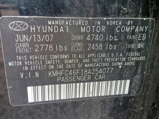 KMHFC46F18A254077 - 2008 HYUNDAI AZERA SE BLACK photo 10