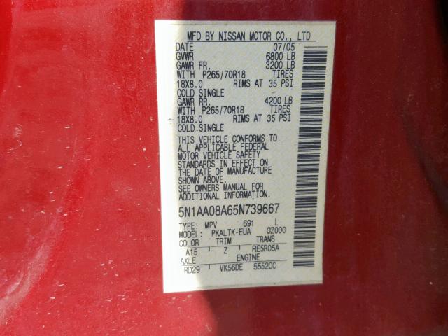 5N1AA08A65N739667 - 2005 NISSAN ARMADA SE RED photo 10