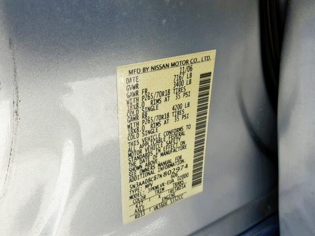 5N3AA08C87N802974 - 2007 INFINITI QX56 SILVER photo 10