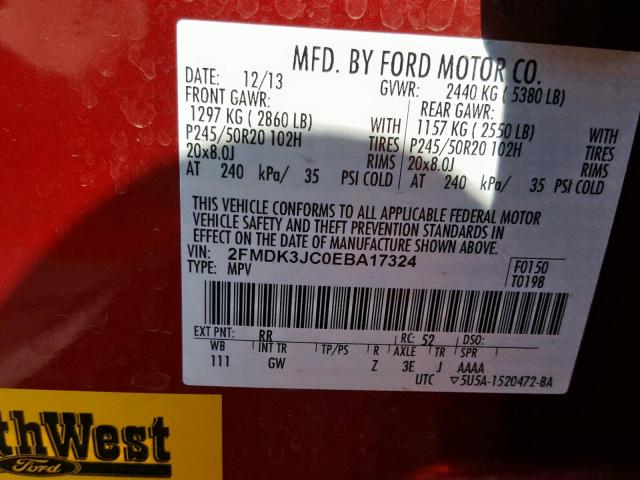 2FMDK3JC0EBA17324 - 2014 FORD EDGE SEL BURGUNDY photo 10