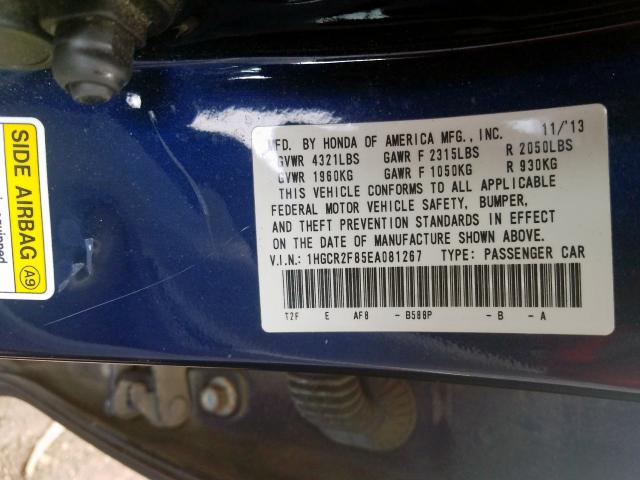 1HGCR2F85EA081267 - 2014 HONDA ACCORD EXL  photo 10