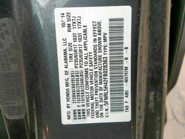 5FNRL5H42FB028363 - 2015 HONDA ODYSSEY EX GRAY photo 10