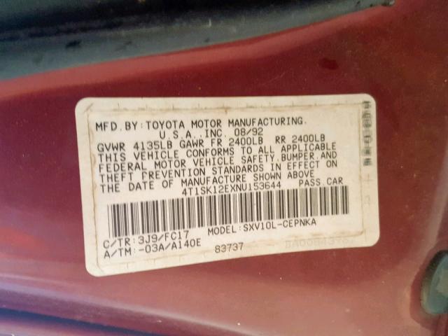 4T1SK12EXNU153644 - 1992 TOYOTA CAMRY LE MAROON photo 10