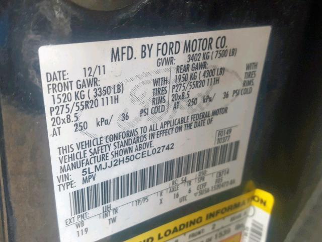 5LMJJ2H50CEL02742 - 2012 LINCOLN NAVIGATOR BLACK photo 10