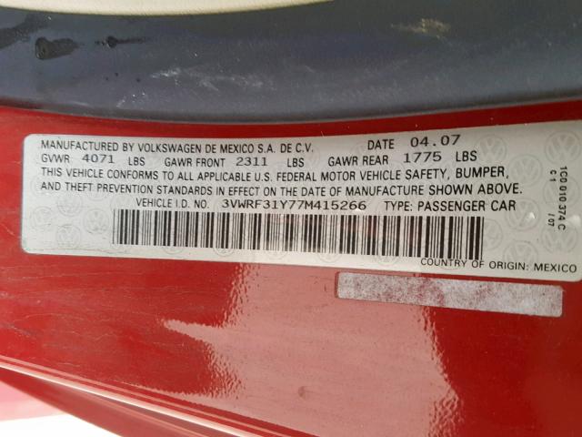 3VWRF31Y77M415266 - 2007 VOLKSWAGEN NEW BEETLE წითელი ფოტო 10