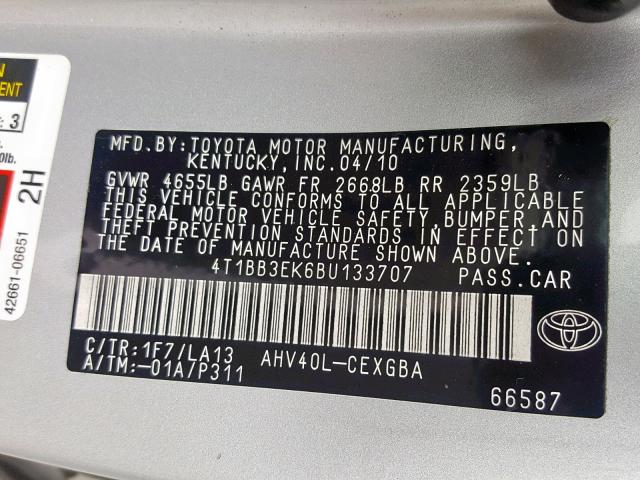 4T1BB3EK6BU133707 - 2011 TOYOTA CAMRY HYBR SILVER photo 10