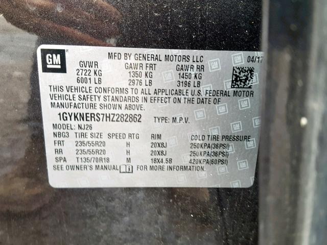 1GYKNERS7HZ282862 - 2017 CADILLAC XT5 PREMIU CHARCOAL photo 10