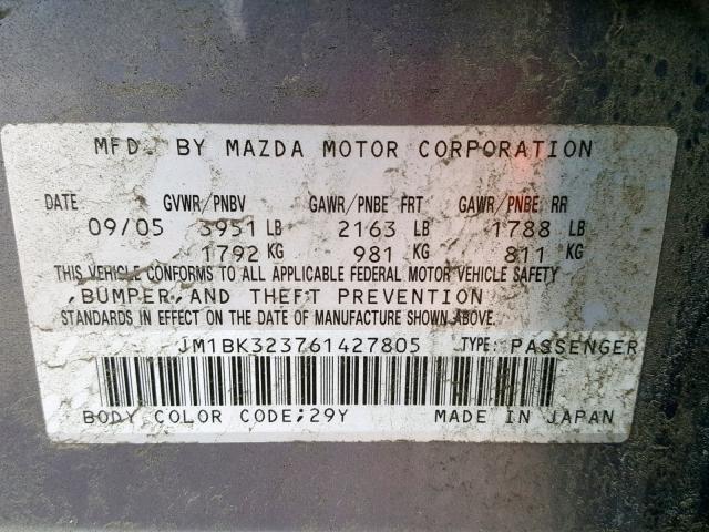 JM1BK323761427805 - 2006 MAZDA 3 S GRAY photo 10