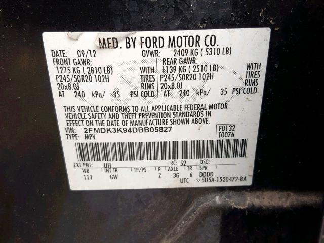 2FMDK3K94DBB05827 - 2013 FORD EDGE LIMIT BLACK photo 10