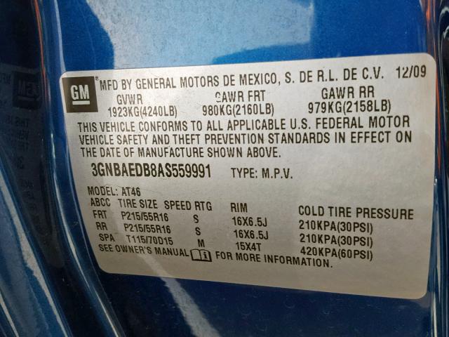 3GNBAEDB8AS559991 - 2010 CHEVROLET HHR LS BLUE photo 10