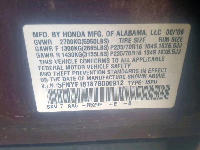 5FNYF18187B000912 - 2007 HONDA PILOT LX MAROON photo 10