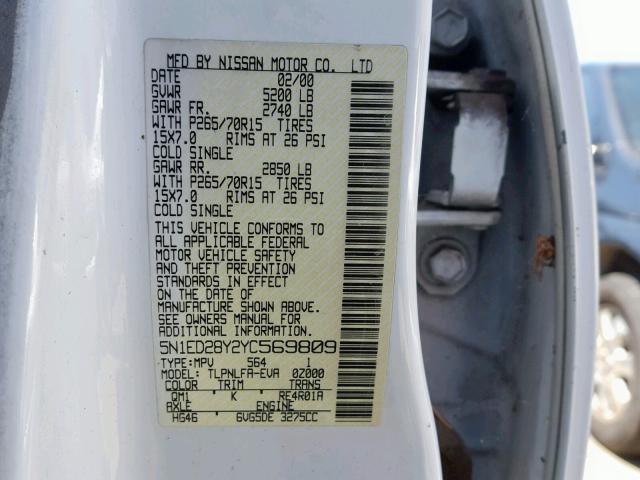 5N1ED28Y2YC569809 - 2000 NISSAN XTERRA XE WHITE photo 10