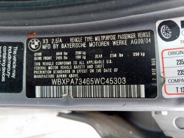 WBXPA73465WC45303 - 2005 BMW X3 2.5I  photo 10