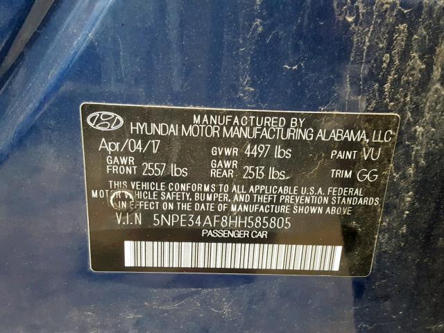 5NPE34AF8HH585805 - 2017 HYUNDAI SONATA SPO BLUE photo 10