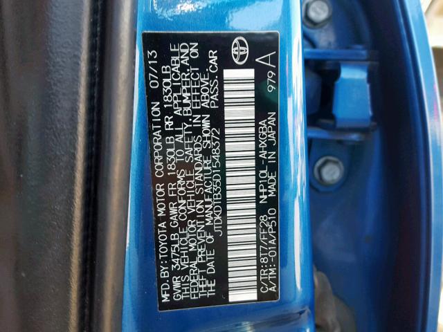 JTDKDTB35D1548372 - 2013 TOYOTA PRIUS C BLUE photo 10