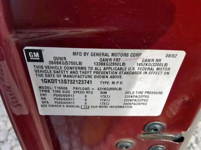 1GKDT13S732123741 - 2003 GMC ENVOY MAROON photo 10