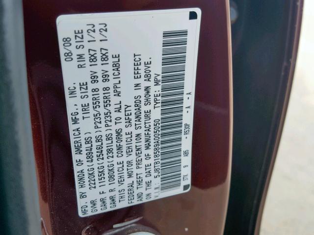 5J8TB18589A005050 - 2009 ACURA RDX TECHNO MAROON photo 10