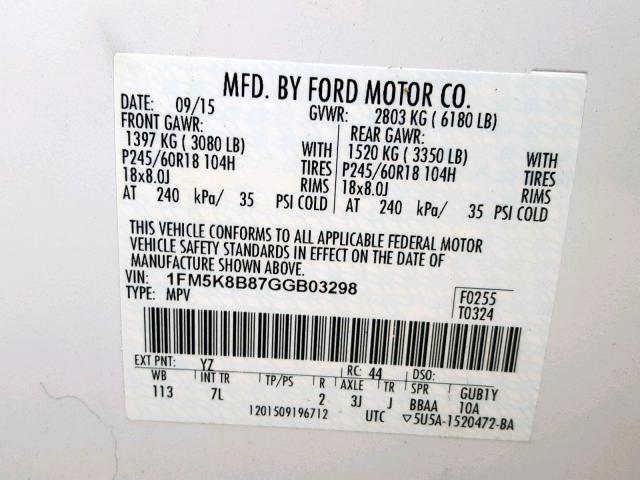 1FM5K8B87GGB03298 - 2016 FORD EXPLORER WHITE photo 10