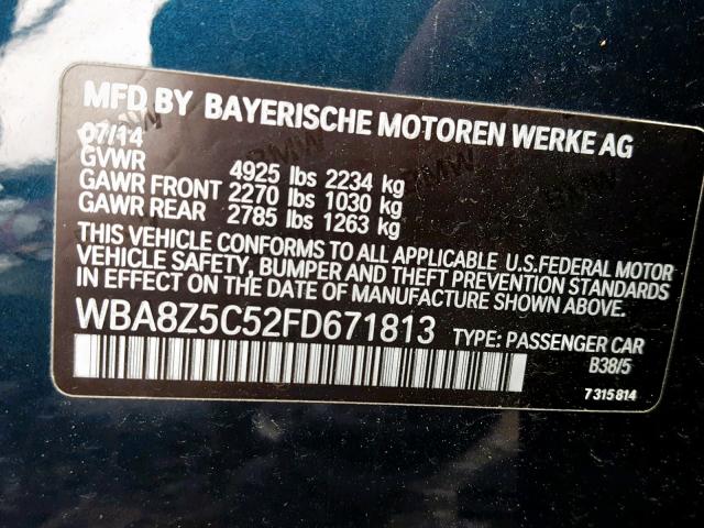 WBA8Z5C52FD671813 - 2015 BMW 328 XIGT BLUE photo 10
