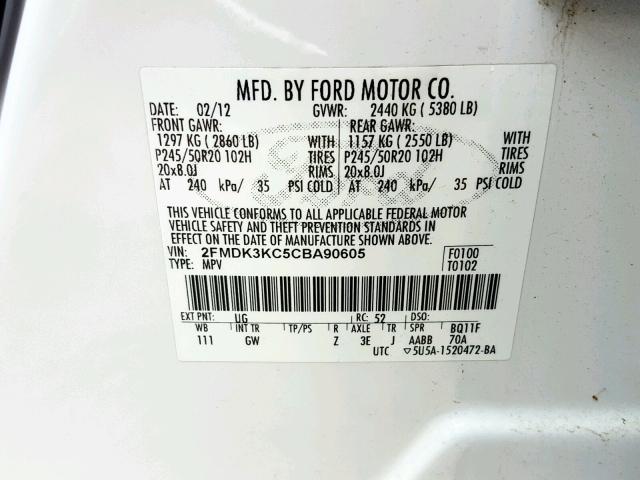 2FMDK3KC5CBA90605 - 2012 FORD EDGE LIMIT WHITE photo 10