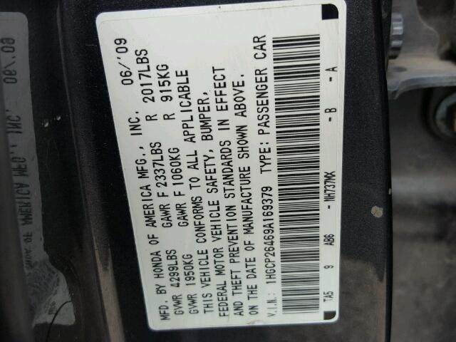 1HGCP26469A169379 - 2009 HONDA ACCORD LXP GRAY photo 10