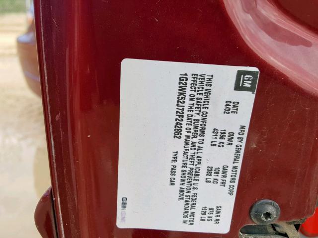 1G2WK52J72F242862 - 2002 PONTIAC GRAND PRIX RED photo 10