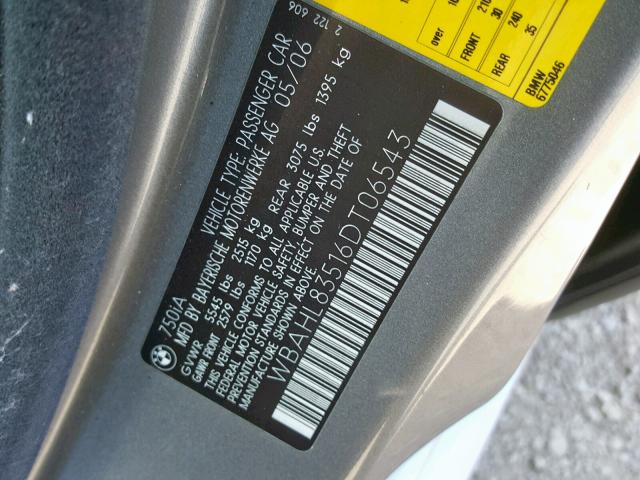 WBAHL83516DT06543 - 2006 BMW 750 I GRAY photo 10