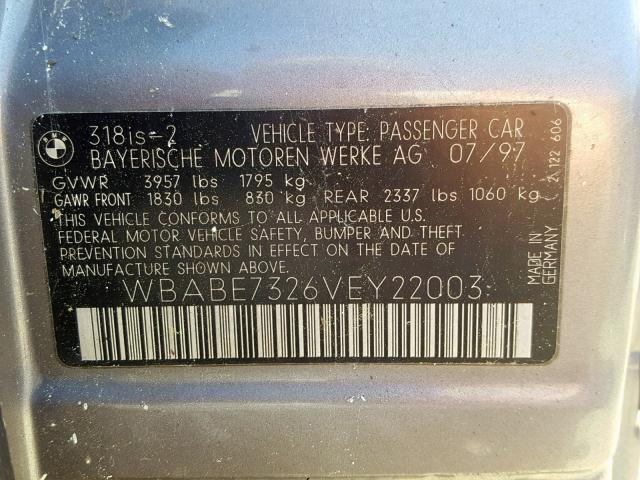 WBABE7326VEY22003 - 1997 BMW 318 IS SILVER photo 10