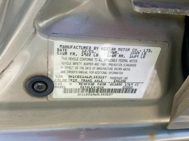 3N1CB51A62L553157 - 2002 NISSAN SENTRA GXE GOLD photo 10