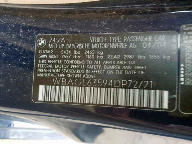 WBAGL63594DP72721 - 2004 BMW 745 I BLUE photo 10