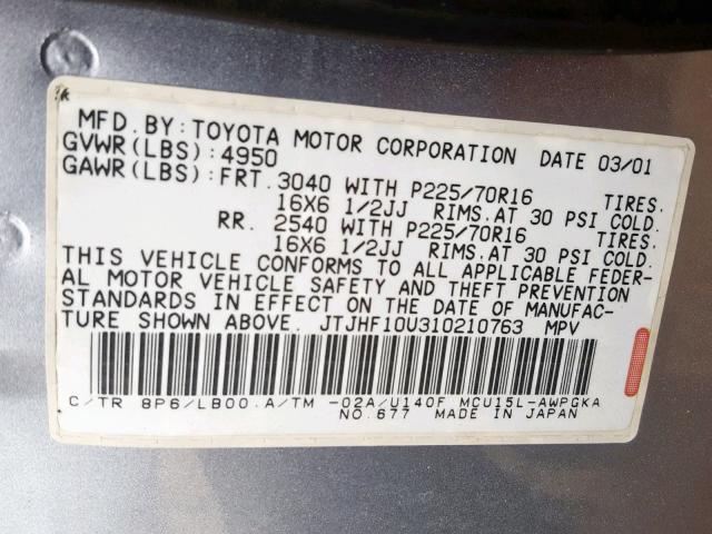 JTJHF10U310210763 - 2001 LEXUS RX 300 SILVER photo 10