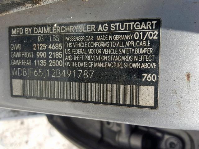 WDBJF65J12B491787 - 2002 MERCEDES-BENZ E 320 SILVER photo 10