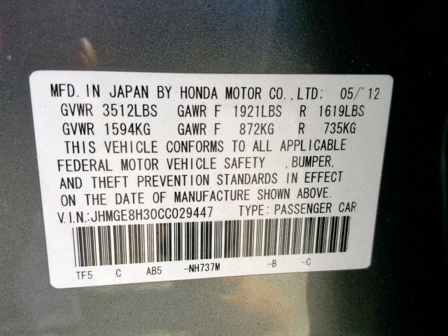 JHMGE8H30CC029447 - 2012 HONDA FIT GRAY photo 10