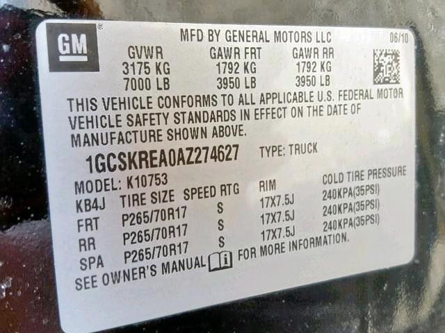 1GCSKREA0AZ274627 - 2010 CHEVROLET SILVERADO BLACK photo 10